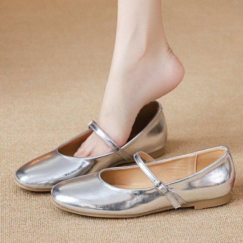 Women'S Shoes Round Toe - シルバーバレエシューズ レディース エレガント メリージェーンシューズ ソフトレザー バックルストラップ