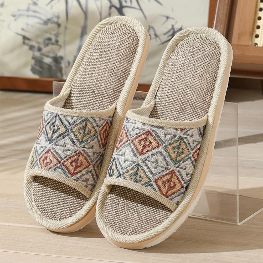 Women Shoes On Sale - 四季対応リネンスリッパ カップル用 通気性 室内用フロアスリッパ 滑り止め コットンリネン