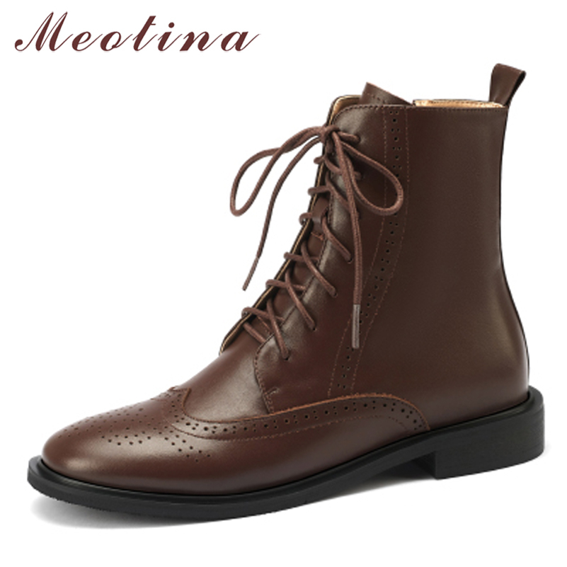 Women'S Shoes Size 40 In Us - Meotina女性の靴本革のオートバイのブーツアンクルブーツラウンドトウレディースショートブーツ秋冬40黒