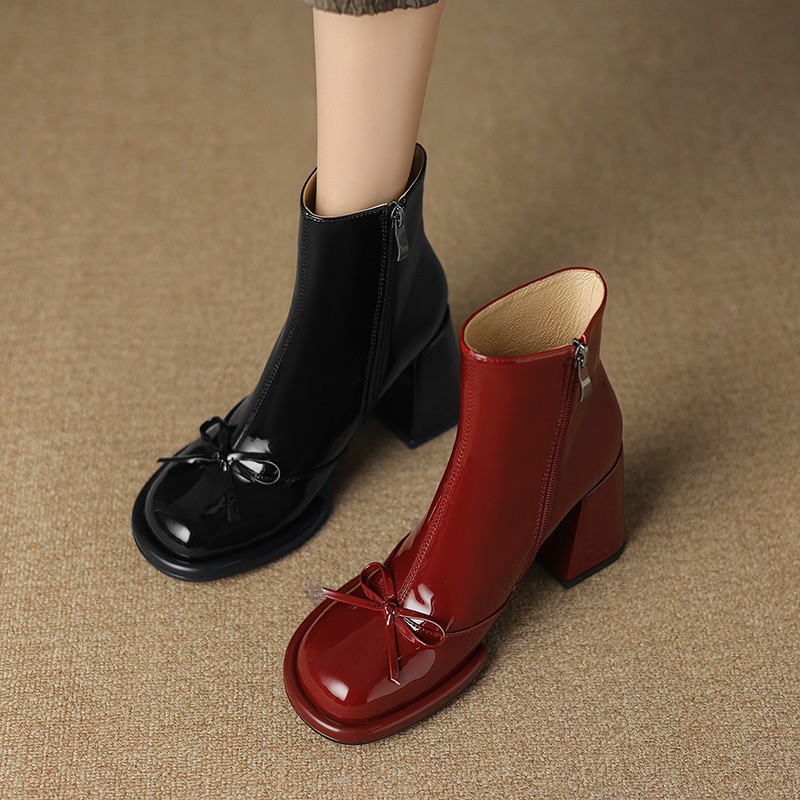 Women'S Shoes Trending 2025 - 女性ハイヒールゴスアンクルブーツ女性の冬のトレンド弓エレガントな革分厚い Bota Ş Mujer セクシーな雪のプラットフォームの結婚式の靴