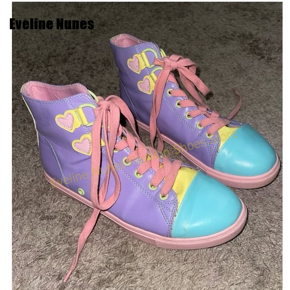 Women Shoes Sneakers - Y2Kガールスイートハイカットスニーカー、カラーブロックハートアップリケ、レースアップシューズ、フェスティバル、ストリートパーティー、女性用キュートカジュアルフットウェア2026