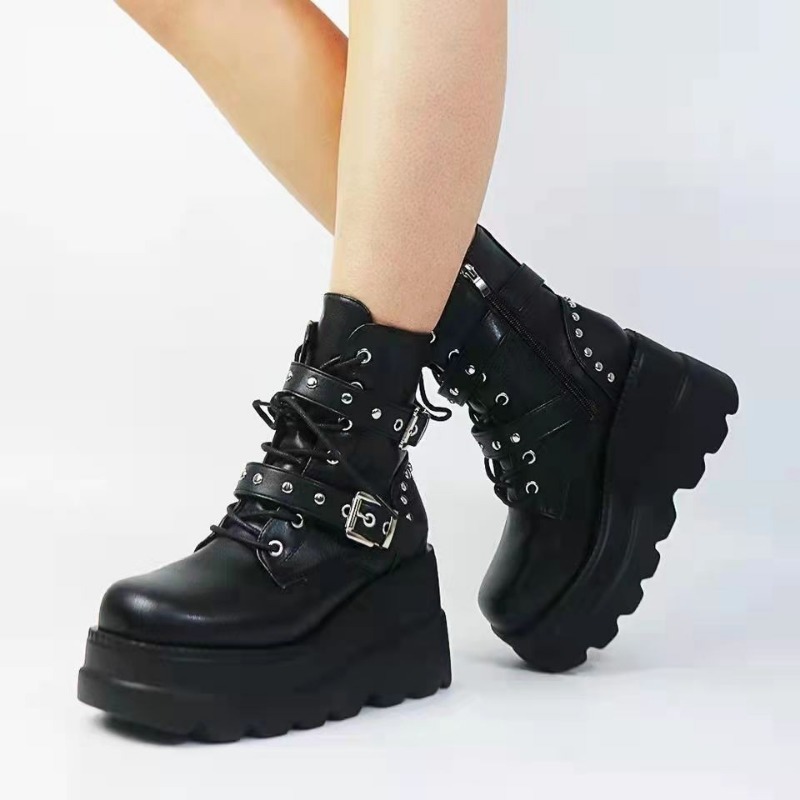Women'S Shoes Size 40 In Us - 新しい女性 Pu レザーアンクルブーツ女性秋冬ラウンドトゥレースアップシューズ女性オートバイプラットフォームゴシックブーツコスプレ