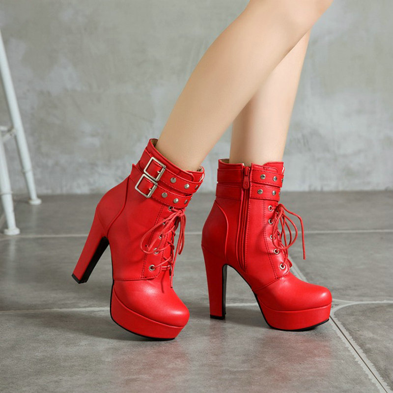 Women Shoes For Big Feet - 冬用ファー裏地付きイエローレッドレディースハイヒールアンクルブーツシューズ、大きい足用プラットフォームレースアップバイクブーツ、プラスサイズ49 50