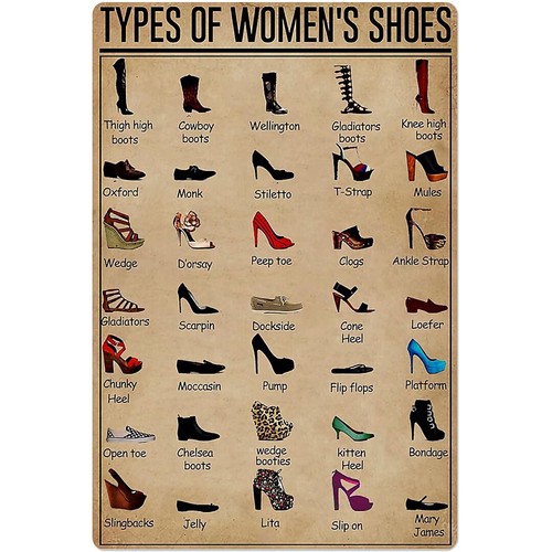 Women Shoes Types - 女性用靴の種類 錫看板 ヴィンテージ スーパーマーケット バー カフェ