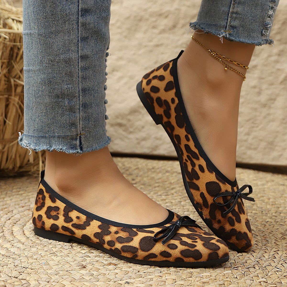 Women'S Shoes Round Toe - 2026 レオパード柄フラットシューズ レディース ラウンドトゥ リボンタイ ワークシューズ