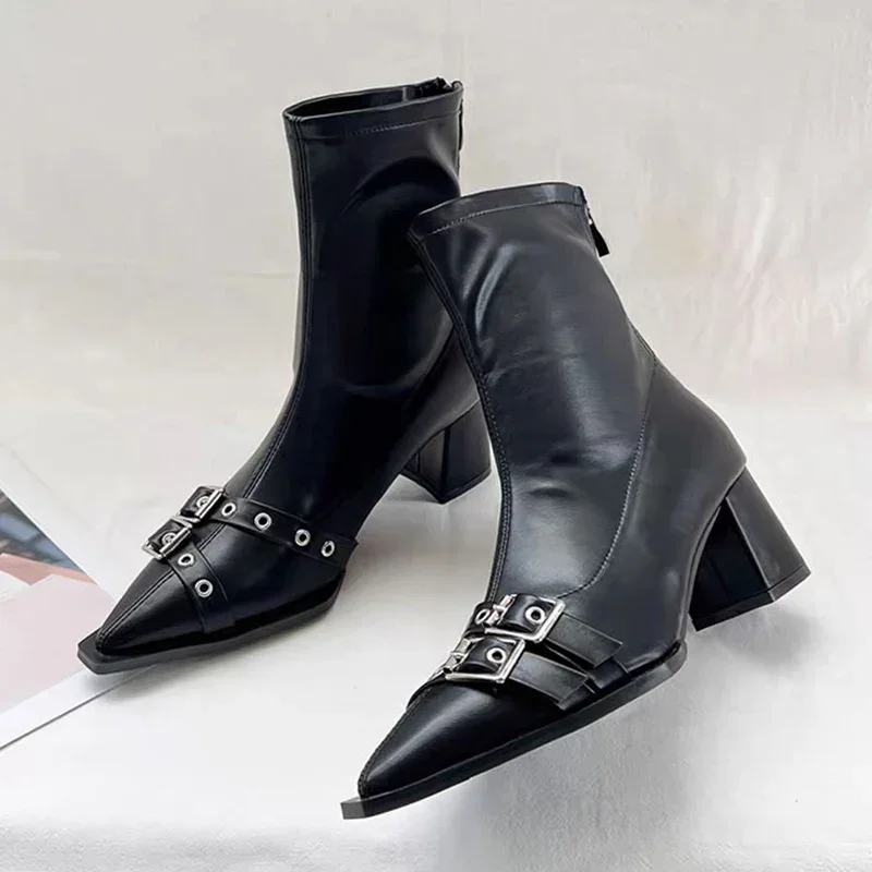 Women'S Shoes Trending 2025 - ハイヒールアンクルブーツ女性分厚いポインテッドトゥ革靴女性 2025 トレンド冬パンプスゴスファッションチェルシー