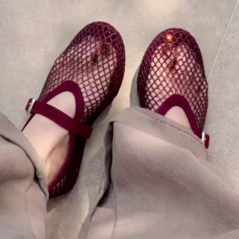 Women'S Shoes Round Toe - 中空ラインストーンバオトウサンダル レディース 2026年新作 フィッシングネット通気性織りメリージェーンシングルシューズ