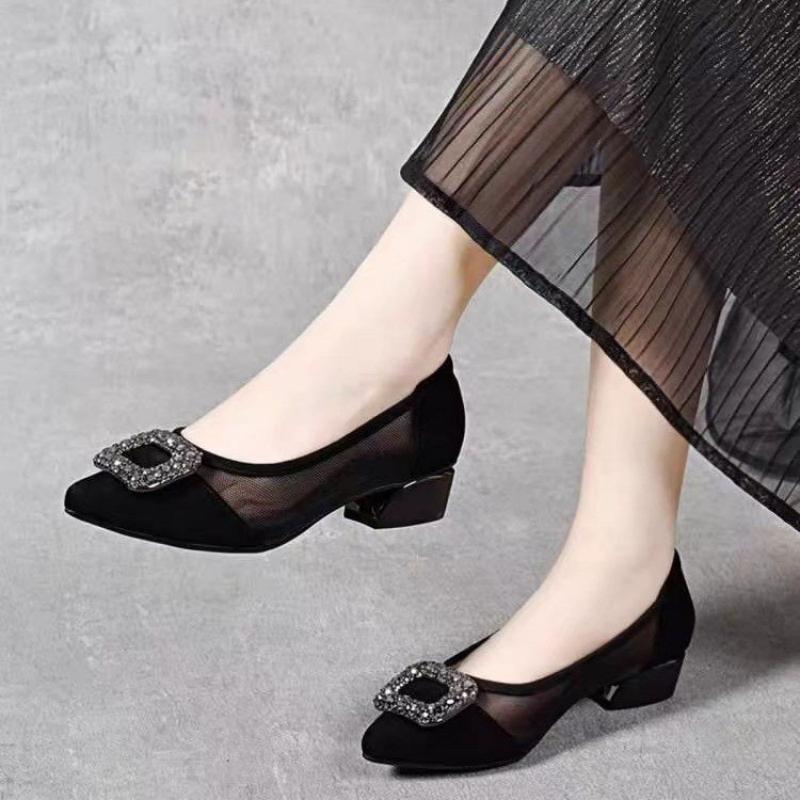エレガントなポインテッドトゥメッシュブロックヒールパンプス、 - Women Shoes Size のレビューと価格